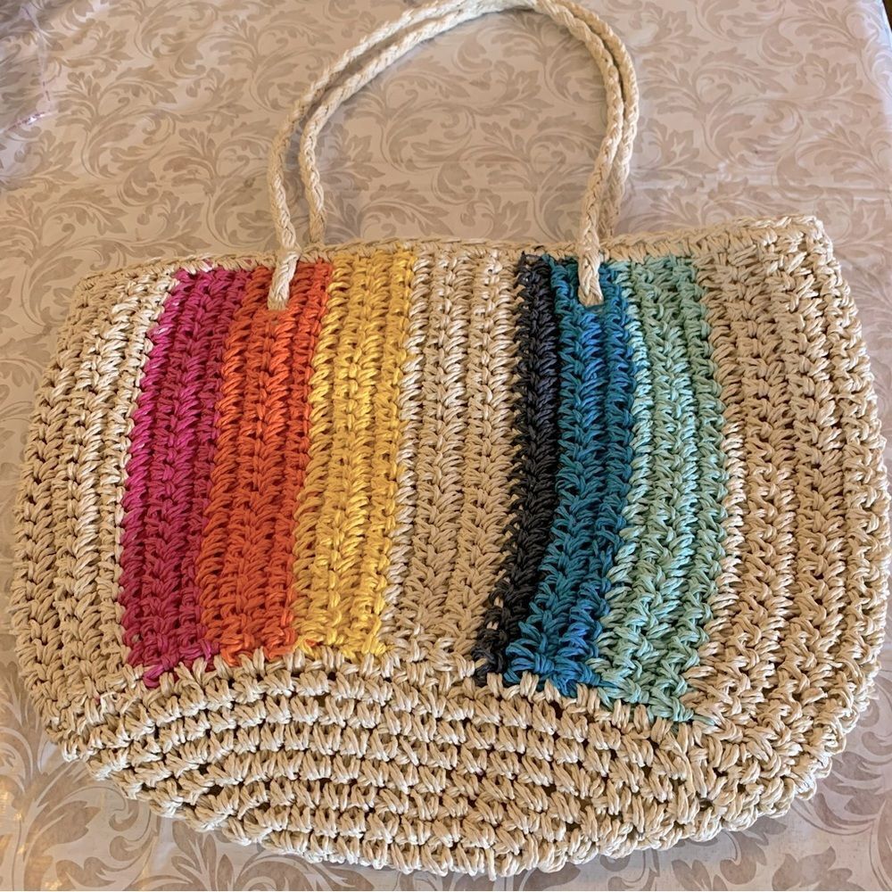 Straw Handbag Lined Multicolor Shoulder Bag Snap Closure 